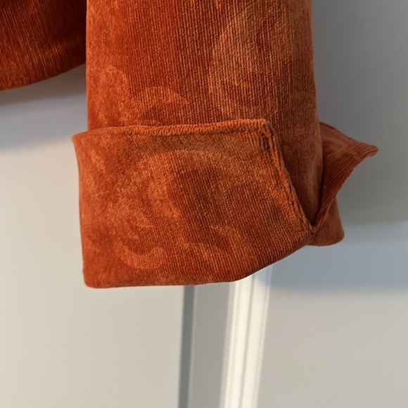 Chico’s Orange Brocade Embossed Bohemian Corduroy Open Ruffle jacket- si… - Picture 5 of 9
